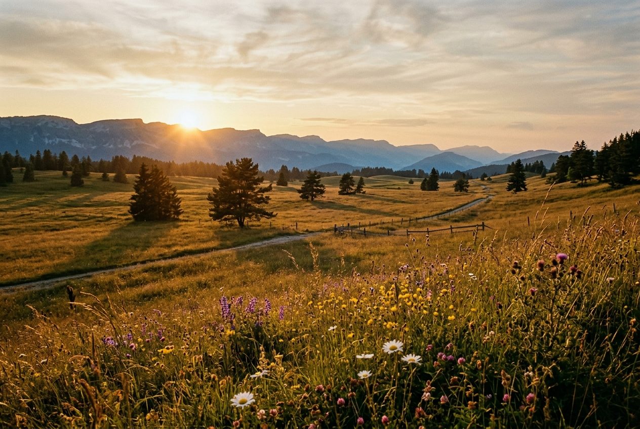 Soleil bas du solstice sur une prairie du Jura